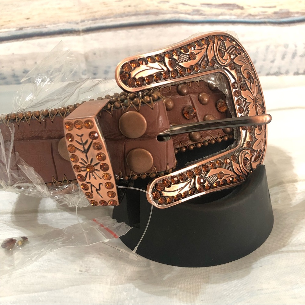 Womens Western Leather Belt Buckle Studded Cowgirl Brown Size Large - Picture 2 of 12